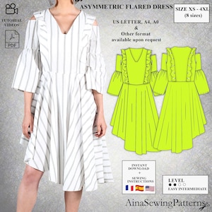 Summer Dress Sewing Pattern | Asymmetrical Dress Pattern | Flared dress Sewing patterns | PDF dress sewing pattern