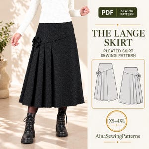 May include: A black pleated skirt with a textured finish and a decorative fabric flower detail on the side. The image includes text reading The Lange Skirt, Pleated Skirt Sewing Pattern, PDF, and AinaSewingPatterns with size range XS-4XL.