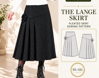 Könnte beinhalten: Ein schwarzer Faltenrock mit strukturierter Oberfläche und einer dekorativen Stoffblume an der Seite. Das Bild enthält den Text The Lange Skirt, Pleated Skirt Sewing Pattern, PDF und AinaSewingPatterns mit dem Größenbereich XS-4XL.