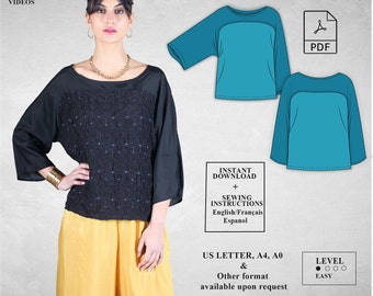 Top sewing pattern | Blouse sewing pattern | Japanese sleeve Pattern | Downloadable pattern | Printable pattern | Women PDF Sewing Pattern