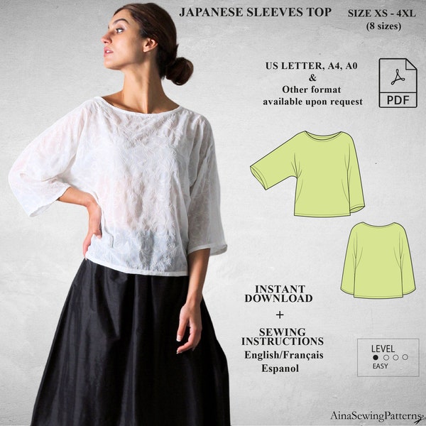 Top sewing pattern | Blouse sewing pattern | Japanese sleeve Pattern | Downloadable pattern | Printable pattern | Women PDF Sewing Pattern