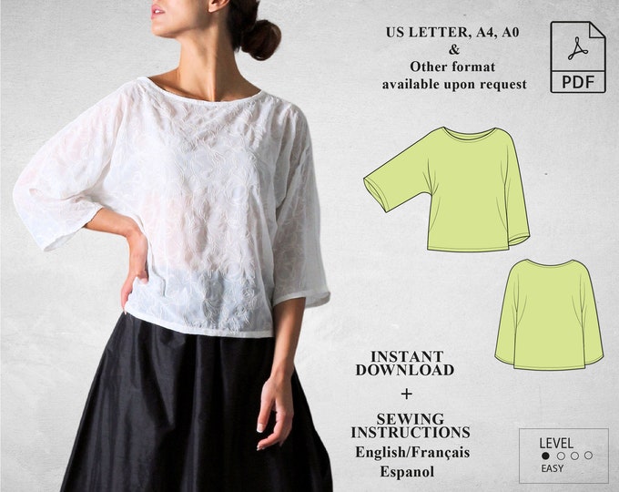 Boxy Top Sewing Pattern, Kimono Top With Tie Closure, Instant PDF ...