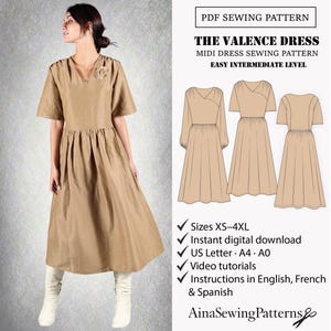 Patrón de costura Vestido Mujer | Patrón de costura Vestido Midi | Patrón costura Vestido con frunces| Patrón costura Mujer PDF
