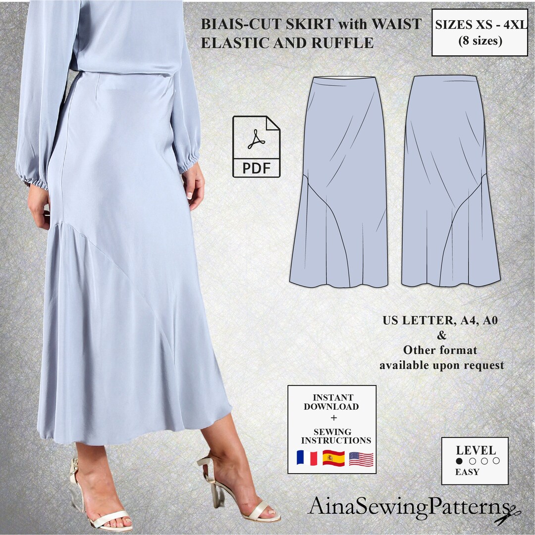 Bias Cut Skirt Pattern Long Skirt Sewing Pattern Ruffle Skirt Sewing Pattern Elastic Waist Skirt