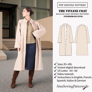 Puede incluir: Una mujer modela un abrigo largo beige con cuello alzado y mangas raglán. La imagen incluye un dibujo lineal del abrigo y el texto "THE VIVIANE COAT" y "PDF SEWING PATTERN". El patrón es para tallas XS-4XL e incluye video tutoriales.