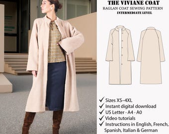 Coat Sewing Pattern PDF, Women Oversized Coat Pattern, Winter Coat Pattern, Long Coat Sewing Pattern, High Neck Coat XS-4XL
