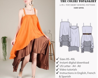 Top and Skirt Sewing Pattern PDF | Asymmetrical Skirt Pattern | Summer Outfit Pattern | Easy Sewing Pattern | Women Set XS-7XL