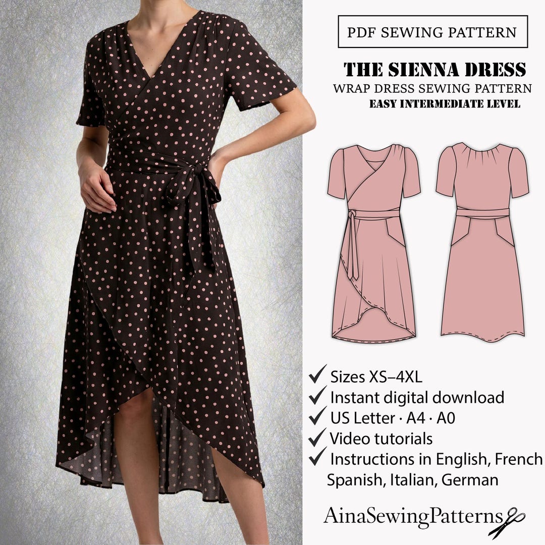 Wrap Dress Sewing Pattern PDF | Flared Sleeve Asymmetric Hem Dress | XS ...