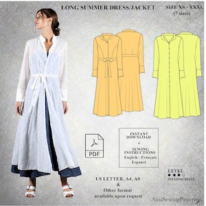 Long jacket pattern | Fitted jacket sewing pattern | Long dress pattern | Summer dress pattern | Printable pattern | Women PDF Pattern