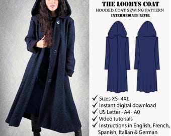Hooded coat pattern | Winter coat pattern | Long coat sewing pattern | Flared coat pattern | Modern pattern | Women PDF Sewing Pattern