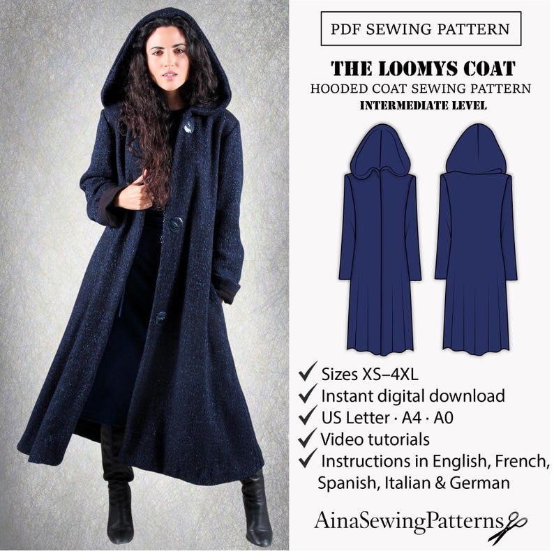 Hooded coat pattern | Winter coat pattern | Long coat sewing pattern | Flared coat pattern | Modern pattern | Women PDF Sewing Pattern image 1