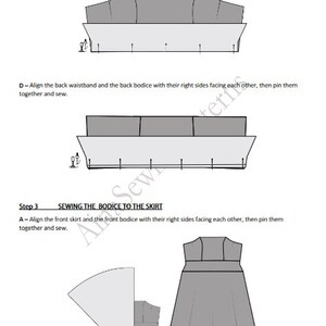 May include: A sewing instruction page labeled 14 featuring diagrams for garment construction. It includes steps C and D for aligning waistbands and bodices, and Step 3 for sewing the bodice to the skirt, showing flat pattern pieces and a dress.