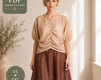 Blouse Sewing Pattern PDF | Ruched Blouse Pattern | Japanese Sleeve Top | Easy Sewing Pattern | Beginner Pattern | XS-4XL
