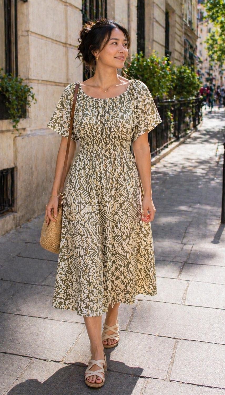 Shirred Midi Dress PDF Sewing Pattern, Flutter Sleeve or