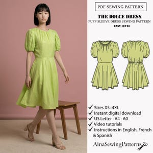 Puede incluir: Una mujer con un vestido verde lima con mangas abullonadas. El vestido tiene un corpiño ajustado y una falda acampanada. La imagen también incluye un patrón de costura para "The Dolce Dress" con tallas XS-4XL, descarga digital instantánea, tutoriales en vídeo e instrucciones en inglés, francés y español.