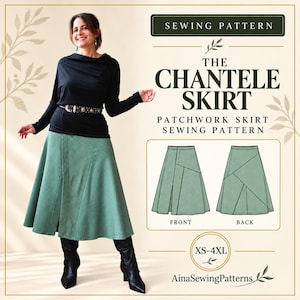 Patchwork Flared Midi Skirt PDF Sewing Pattern, Front Buttons, XS-4XL