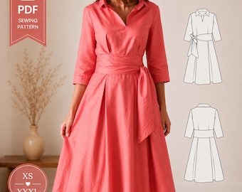 Molde para vestido midi plissado de coquetel | Molde para vestido midi clássico | Molde para vestido com gola | Molde para vestido feminino | Molde em PDF
