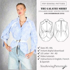 Cartamodello PDF per camicia con colletto / Cartamodello per camicia oversize / Cartamodello per blusa da donna / Camicia con bottoni / Livello facile/intermedio XS-4XL