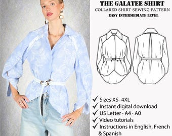 Cartamodello PDF per camicia con colletto / Cartamodello per camicia oversize / Cartamodello per blusa da donna / Camicia con bottoni / Livello facile/intermedio XS-4XL