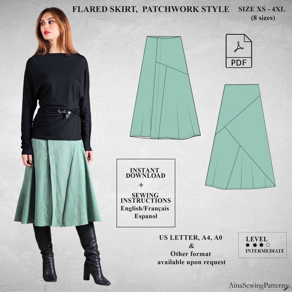 Midi skirt sewing pattern | Winter skirt sewing pattern | Modern skirt sewing pattern | Flared skirt Pattern | Women PDF Sewing Pattern