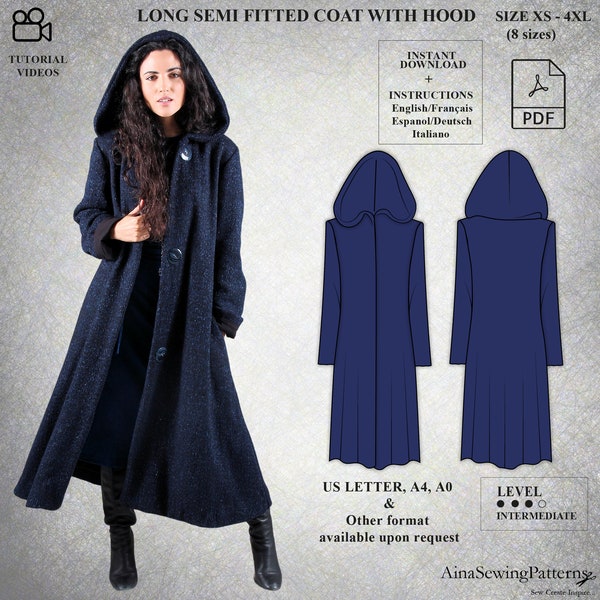 Hooded coat pattern | Winter coat pattern | Long coat sewing pattern | Flared coat pattern | Modern pattern | Women PDF Sewing Pattern