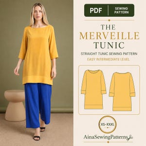Puede incluir: Un patrón de costura en PDF para la túnica Merveille, que presenta una túnica de color amarillo mostaza con mangas tres cuartos y escote barco. El gráfico incluye un dibujo técnico de línea del frente y la espalda de la túnica y el texto XS-XXXL.