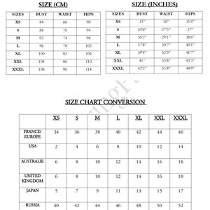 May include: A black and white size chart from AinaSewingPatterns featuring tables for bust, waist, and hip measurements in centimeters and inches, alongside a conversion chart for international clothing sizes including USA, Europe, and Japan.