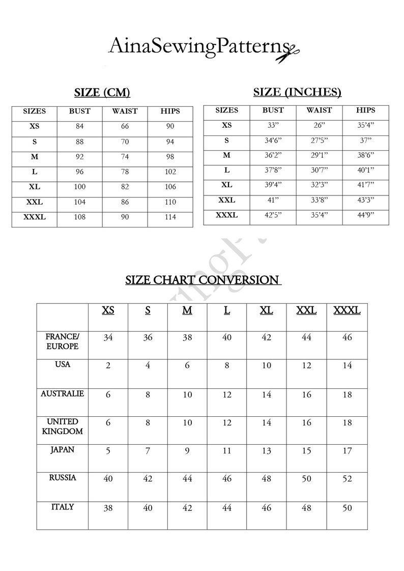 May include: A black and white size chart from AinaSewingPatterns featuring tables for bust, waist, and hip measurements in centimeters and inches, alongside a conversion chart for international clothing sizes including USA, Europe, and Japan.