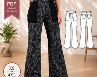 Easy Flared Pants Sewing Pattern PDF | High-Waisted Pants Pattern with Pockets | Wide Leg Trousers Sewing Pattern for Women | PDF Pattern
