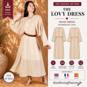 May include: A woman wearing a beige boho dress with a brown belt. The dress has wide sleeves and a flowing skirt. The image also includes text that says "The Lovy Dress" and "Boho Dress". The dress pattern is available in sizes XS-XXXL.