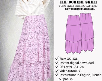 Patrón de costura falda Mujer | Patrón de costura falda verano | Patrón de costura falda boho | Patrón de costura PDF para mujer