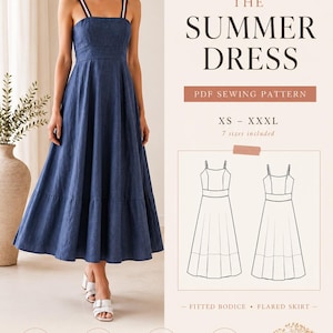 May include: A blue midi dress with a fitted bodice, flared skirt, and striped shoulder straps. The image includes text: AinaSewingPatterns, The Summer Dress, PDF Sewing Pattern, XS-XXXL, 7 sizes included, fitted bodice, flared skirt, A4/US Letter/A0, step-by-step instructions, video tutorial, easy intermediate level.