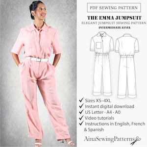 Patrón mono para coser | Patrón mono con cuello camisero | Patrón enterizo con botones | Patrón PDF mujer | Patrón enterizo cuello camisa