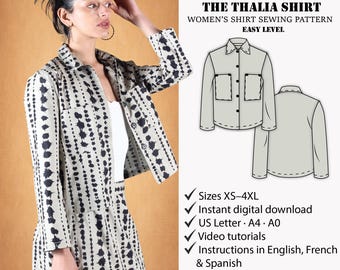 Women's shirt sewing pattern |  Workwear pattern |  Office shirt pattern | Women's blouse pattern | Straight shirt pattern | PDF pattern