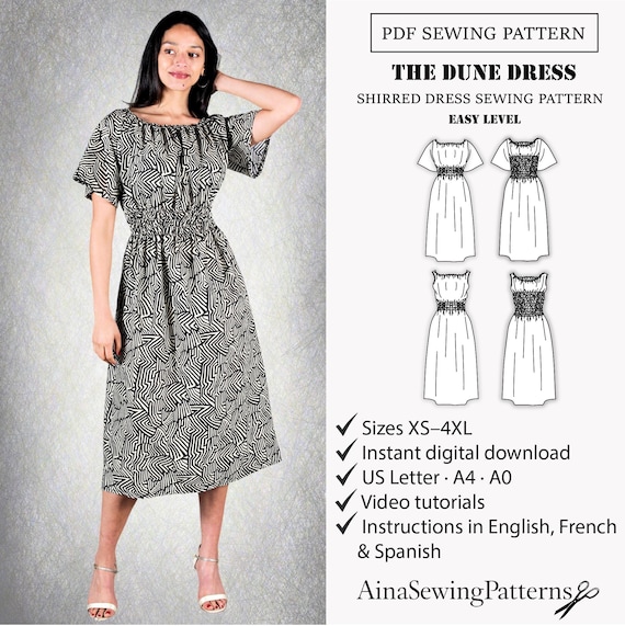 Easy Shirred Dress Sewing Pattern | Beginner-friendly Elastic Waist Midi  Dress | Summer Dress Pattern With Sleeve | Sleeveless Dress Pattern - Etsy