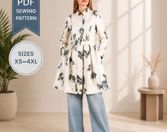 Women coat sewing pattern | Coat pattern with collar | Long coat pattern | Jacket with belt pattern | Modern coat pattern | PDF Pattern