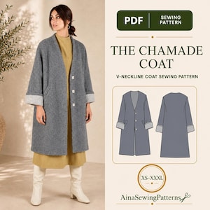 May include: A PDF sewing pattern for The Chamade Coat, a V-neckline coat. The image displays a gray textured coat with three buttons and light gray cuffs, alongside a technical line drawing of the front and back of the coat, labeled XS-XXXL.