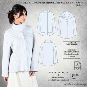 Jacket Sewing Pattern | Coat jacket pattern | Dropped shoulder pattern | High neck coat sewing pattern | Women PDF Sewing Pattern