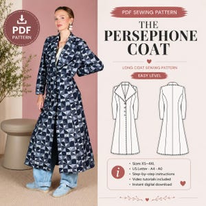 Op de afbeelding: Een lange jas met geometrisch patroon in marineblauw en wit, met een reverskraag. De afbeelding toont een PDF-naaipatroon met de titel "The Persephone Coat". Het patroon biedt maten XS-4XL en bevat stapsgewijze instructies.