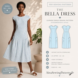 Puede incluir: Una mujer modela un vestido de verano a rayas azules y blancas. El patrón del vestido está disponible en tallas XS-4XL. La imagen también incluye un patrón de costura PDF para "The Bella Dress" con instrucciones en inglés, francés y español.