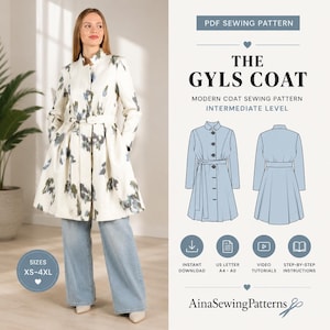 May include: A PDF sewing pattern for The Gyls Coat, featuring a white coat with a blue and grey abstract print, a belted waist, and long sleeves. The graphic includes technical line drawings of the coat, text, and icons for download and tutorials.