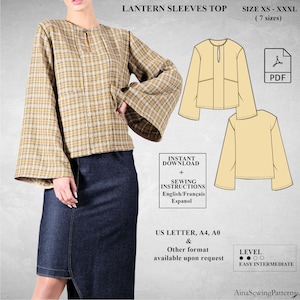 Top sewing pattern | Long sleeve top pattern | Blouse sewing pattern | Lantern sleeve pattern | Printable pattern | Women PDF Pattern