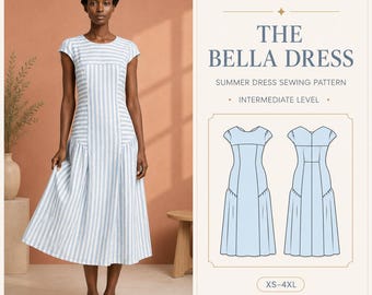 Fitted Cap Sleeve Midi Dress PDF Sewing Pattern, Gathered Side Panels, XS-4XL