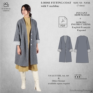 Women coat pattern | Winter coat pattern | Long coat sewing pattern | Oversized coat pattern | V neck coat pattern | Women PDF Pattern