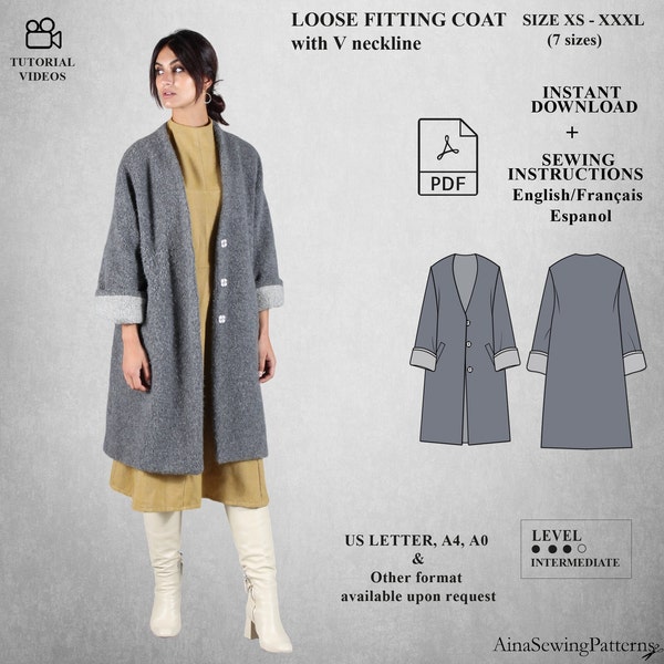 Women coat pattern | Winter coat pattern | Long coat sewing pattern | Oversized coat pattern | V neck coat pattern | Women PDF Pattern