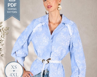 Naaipatroon PDF voor een overhemd met kraag | Oversized overhemdpatroon | Damesblousepatroon | Overhemd met knoopsluiting | Gemakkelijk tot gemiddeld niveau XS-4XL