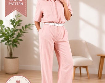 Jumpsuit Sewing Pattern PDF, Shirt Collar Jumpsuit Pattern, Button Front Romper Pattern, Women Sewing Pattern, Pleated Pants Jumpsuit XS-4XL