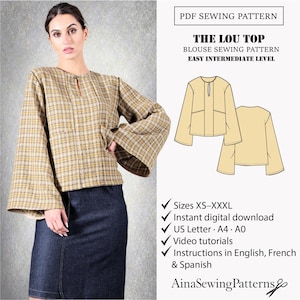 Top sewing pattern | Long sleeve top pattern | Blouse sewing pattern | Lantern sleeve pattern | Printable pattern | Women PDF Pattern