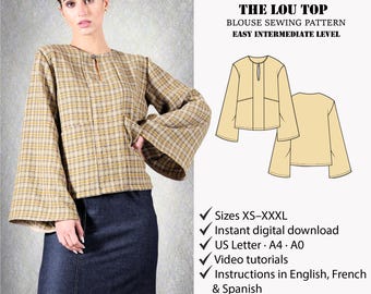 Top sewing pattern | Long sleeve top pattern | Blouse sewing pattern | Lantern sleeve pattern | Printable pattern | Women PDF Pattern