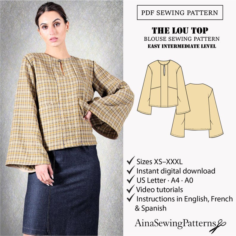 Blus med lyktaärm PDF-sömnadsmönster, nyckelhålsringning, XS-XXXL bild 2
